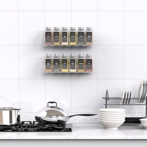 PMMASTO 2-Pack Clear Acrylic Self-Adhesive Spice Racks with 12 Empty