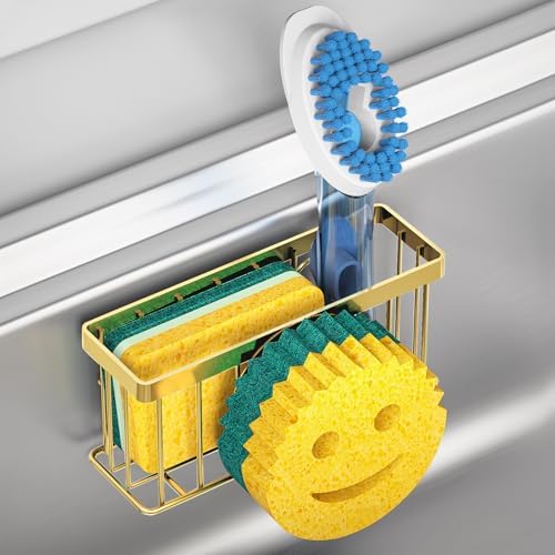 MURLONG Smiley Face Sponge Holder for Kitchen Sink, Gold