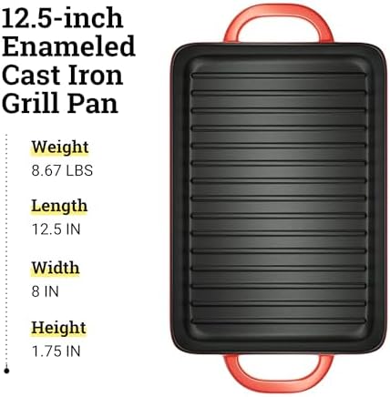 Lodge 12.5 x 8 Inch Enameled Cast Iron Grill Pan, Red
