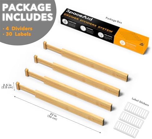 SpaceAid 4 Pack Bamboo Drawer Dividers with Labels, Kitchen Adjustable