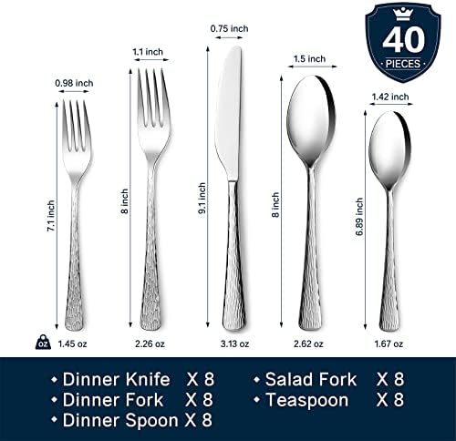 40 Pcs Silverware Set 18/10 Stainless Steel Hammered Flatware Set for 8