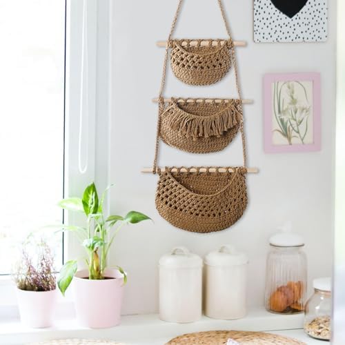 Hanging Fruit Baskets Indoor Planter Holder 3 Tiers Storage Bin Woven