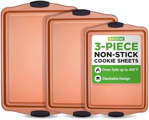 NutriChef 3 Piece Cookie Sheets for Baking - PFOA, PFOS, PTFE Free