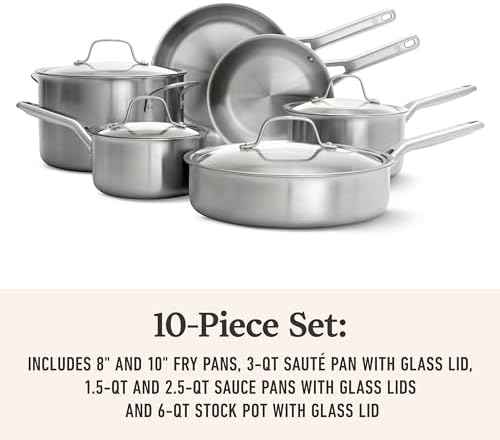 Calphalon Brushed 3-Ply Stainless Steel Cookware Set w/Turbo Heat Tech 10-Piece Set Includes Frying Pans, Pots and Pans Set, Induction, Oven Safe 450F, Brushed Stainless Silver