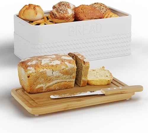 Bread Box for Kitchen Countertop,Metal Bread Storage Bin with Bamboo Cutting Board Lid, Includes Bread Knife, Fits Sourdough & Buns, Stylish Organize (White)