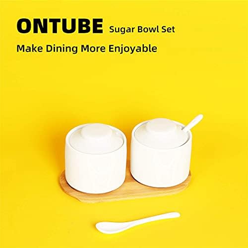 ONTUBE Ceramic Sugar Bowl with Tray and Spoon Set of 2, 8oz (White)