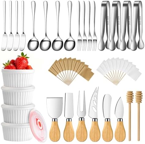 Charcuterie Boards Accessories Bowls Utensils, Cheese Knife Set Mini Butter Spreader, Serving Tongs, Forks, Spoons, Dipping Bowls with Lids, Toothpick Flags, Honey Dippers For Party Platter Making