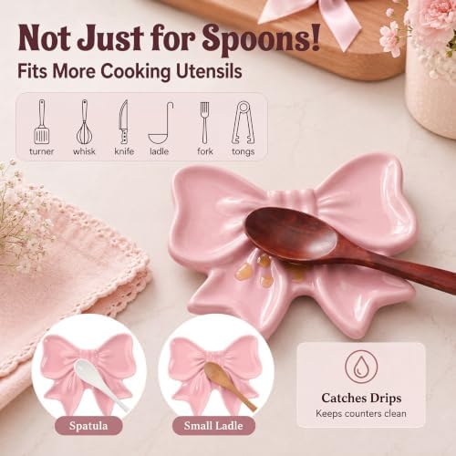 Pink Bow Spoon Rest for Stove Top, Cute Ceramic Spoon Holder