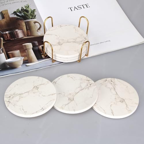 White Marble Coasters Set of 6 Absorbent Ceramic Cute Drink Coaster