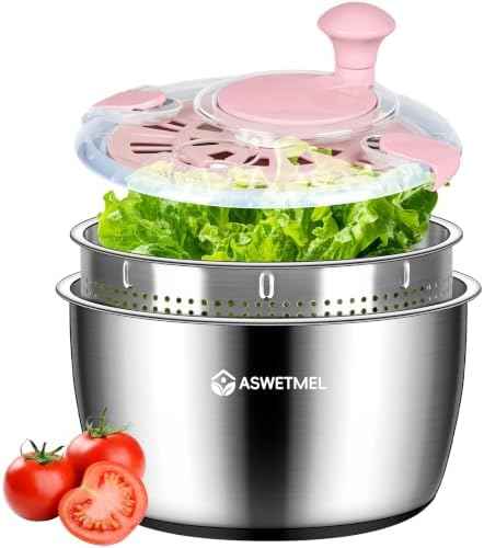 Stainless Steel Salad Spinner, ASWETMEL 5.3 Qt Lettuce Spinner