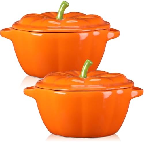 Ziliny 2 Pcs Ceramic Pumpkin Bowls with Lids, 13 oz Oven Safe Ramekins