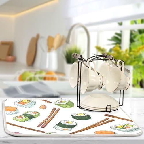 OTVEE Whimsical Sushi Print Dish Drying Mat for Kitchen Counter