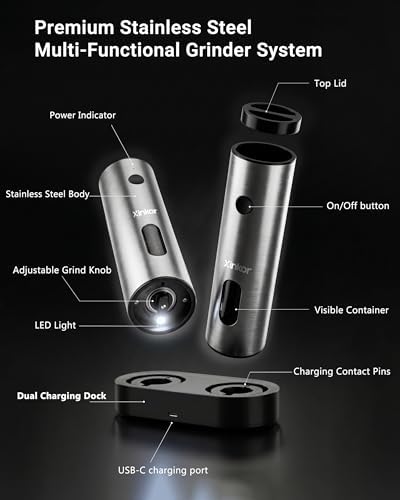 Rechargeable Electric Salt and Pepper Grinder Set with Charging Base