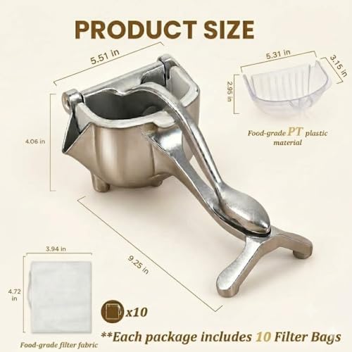 Manual Aluminum Fruit Juice Squeezer with 10Pcs Filter Bags