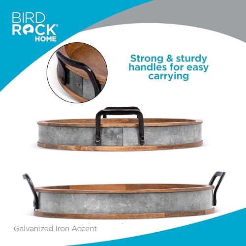 BIRDROCK HOME Round Wood Serving Tray with Handles and Iron Accents