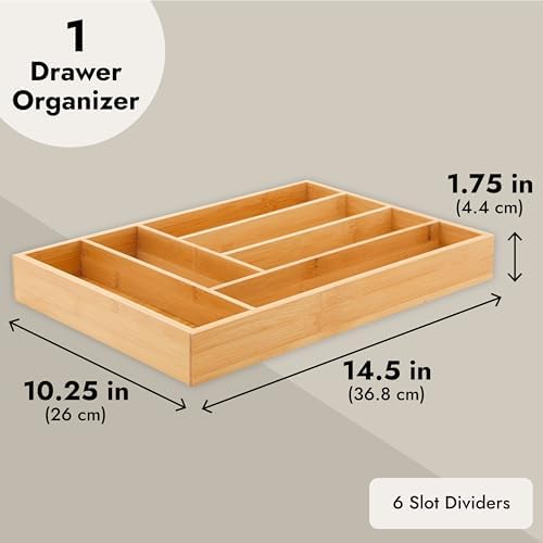 Juvale Silverware Organizer Tray - Brown Bamboo, 6-Slot, 14.5 x 10.25