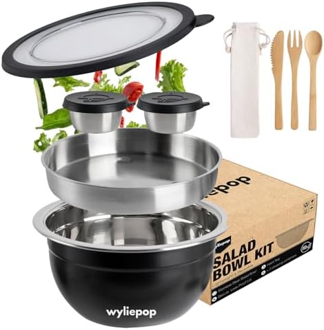 64oz Stainless Steel Salad Bowl Kit & 3Pcs Bamboo Cutlery Set with 2x