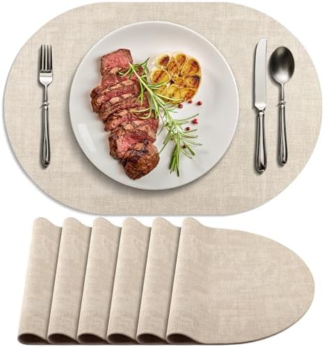 Faux Leather Oval Placemats Set of 6, Beige