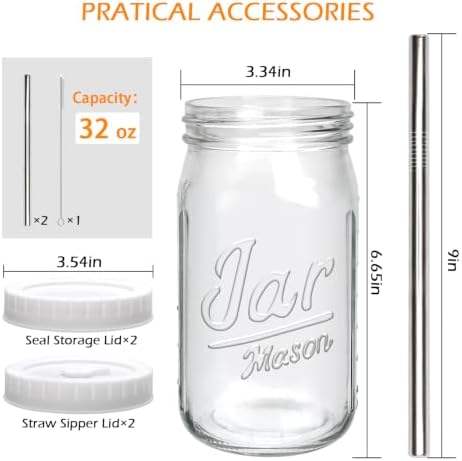 Mapoxy 32oz Mason Jars Cups with Plastic Lids & Straws 2 Pack