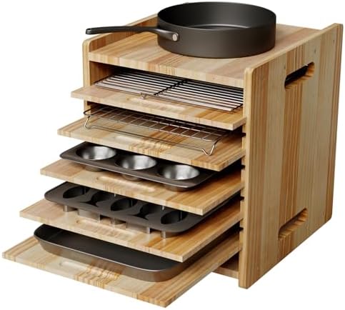 7 Tiers Cookie Sheet Organizer for Cabinet, Wooden Tray Dividers for Kitchen Cabinets Baking Sheet Pan Organizer, for Heavy Pans, Cutting Board, Bakeware, Kitchen Cupboard Storage, Solid Wood