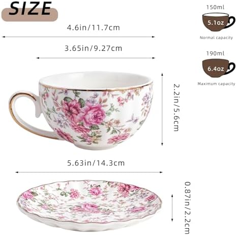 Agyiuns Tea Cup and Saucers, 6.4oz Floral Tea Cups with Gold Trim