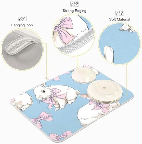 OTVEE Sweet Bunny Art Dish Drying Mat for Kitchen Counter Absorbent