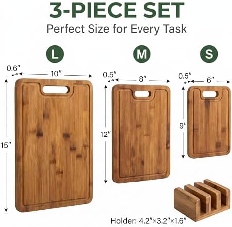 Bamboo Cutting Board Set with Holder, 3 Piece Carbonized Wood Chopping
