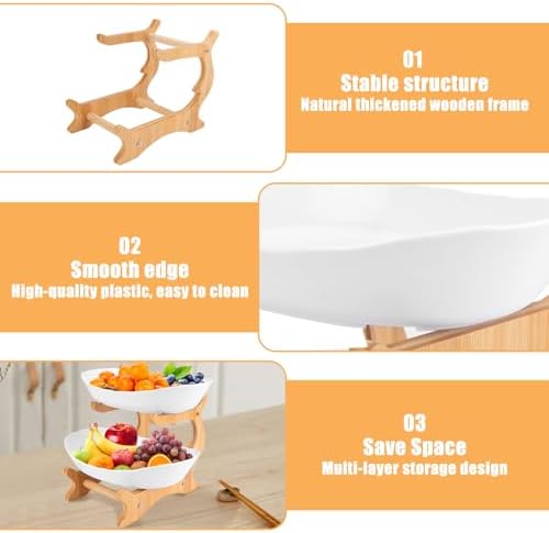 RETON 2 Tier Fruit Bowl for Kitchen Countertop, Plastic Fruit Basket Rack with Bamboo Wood Stand for Tiered Vegetable Storage Tray, Salad Cake Snack Dessert Party (White)
