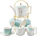 Serve of 4-Blue Teacup Set, with Teapot-Sugar Bowl-Creamer and Holder