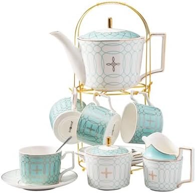 Serve of 4-Blue Teacup Set, with Teapot-Sugar Bowl-Creamer and Holder