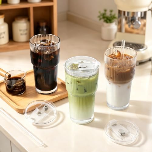 Iced Coffee Cups with Lids,Glass Cups with Lids and Straws,3 Coffee