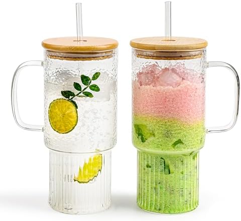 32oz Ribbed Borosilicate Glass Tumbler with Handle, Bamboo Lid and