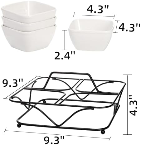 Pumtus Ceramic Divided Serving Dishes, 4 Removable Snack Bowls with Metal Stand, 9 Inch Appetizer Platter with Handle, Dip Bowls for Party, Condiment Serving Relish Tray for Chips & Dips, Nut, Candy