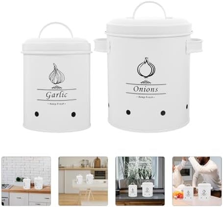 Kichvoe 2pcs White Metal Potato Storage Bin with Light Shielding Lid