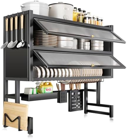 Dish Drying Rack 4 Tiers with Cover, Keep Kitchen Sink Shlef Organized Space-Saving, Large Drying Rack for Dishes, Glasses, Bowls, Cutlery Black (41.3''Double)
