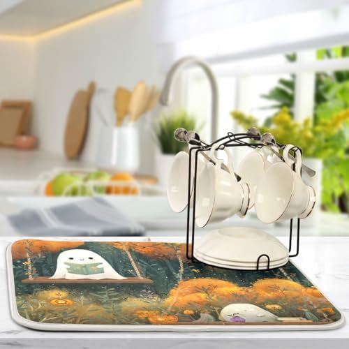 OTVEE Friendly Ghost Autumn Reading Dish Drying Mat for Kitchen