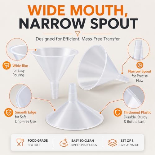 CYEAH 8 Pcs Plastic Funnels, 6 Inch Wide Mouth Large Funnel, Clear