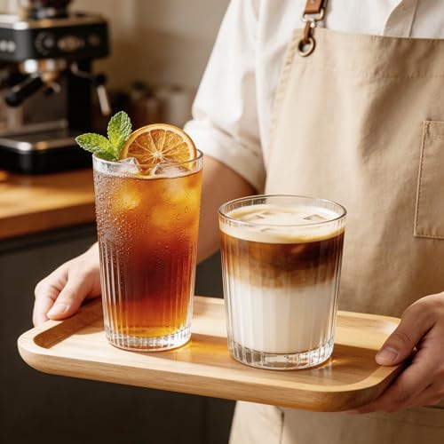 12PCS Ribbed Drinking Glasses - 6 Highball Glasses 8oz, 6 Rocks Glass
