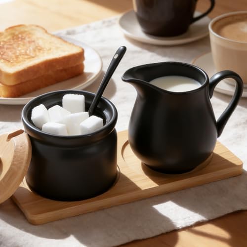 Ceramic Sugar and Creamer Set,Sugar Bowl with Lid and Spoon,Cream