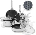 OXO Hybrid 10 Piece Cookware Pots & Pans Set, PFAS-Free Ceramic Nonstick, Fusion Boost Tech for Powerful Searing, Induction & All Cooktop Compatible, Dishwasher Safe, Mirror Polished Tri-Ply