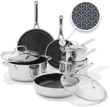 OXO Hybrid 10 Piece Cookware Pots & Pans Set, PFAS-Free Ceramic Nonstick, Fusion Boost Tech for Powerful Searing, Induction & All Cooktop Compatible, Dishwasher Safe, Mirror Polished Tri-Ply
