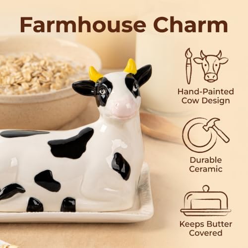Ceramic Butter Dish with Lid Hand-Painted Cow Farmhouse Design