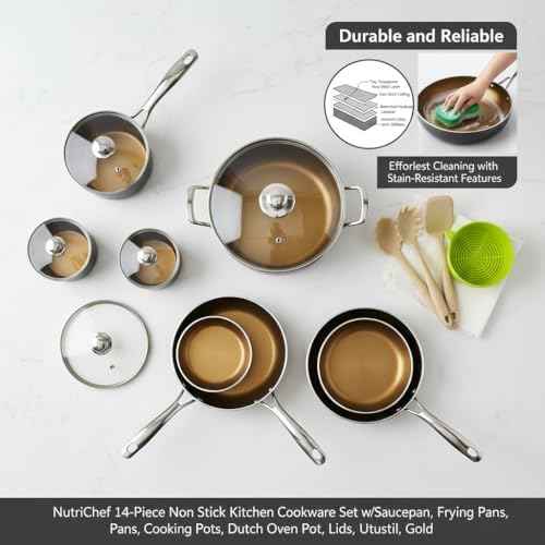 NutriChef 14-Piece Non Stick Kitchen Cookware Set w/Saucepan, Frying