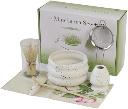 7-piece matcha kit includes matcha bowl. white speckled matcha tea set