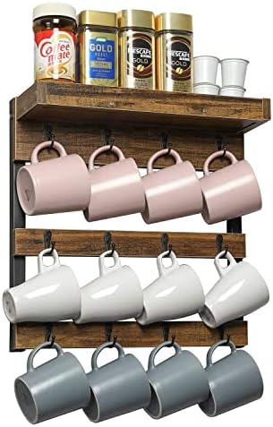 OROPY Coffee Mug Rack Wall Mounted, Rustic Wood Cups Rack, 12 Hooks &