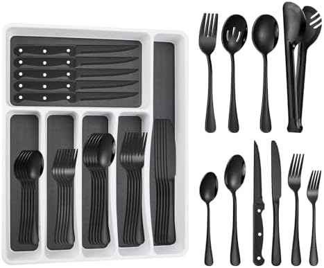 53PCS Black Silverware Set for 8 with Flatware Drawer Organizer, Stainless Steel Cutlery Set with Steak Knives, Include Spoons and Forks Set & Serving Utensils, Mirror Polished, Dishwasher Safe