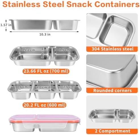 4 Pack 2-Compartment Stainless Steel Lunch Containers