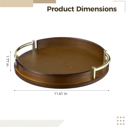 Round Decorative Tray with Gold Metal Handles, 11.8 in Wood Serving