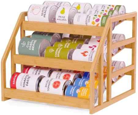 HOMESTEAD Bamboo Can Organizer for Pantry - 3 Tier Rack with Adjustable Dividers, Gravity Feed Canned Goods Organizer, 36 Cans Soda Storage
