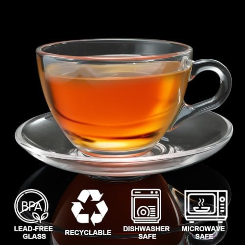 Tosnail 6 Pack 7-Ounce Glass Tea Cups and Saucers Sets Glass Coffee